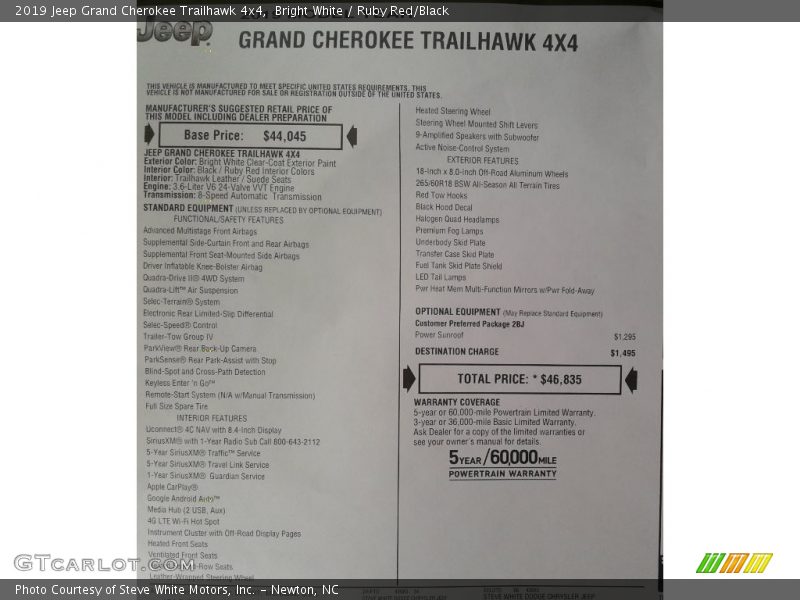 2019 Grand Cherokee Trailhawk 4x4 Window Sticker
