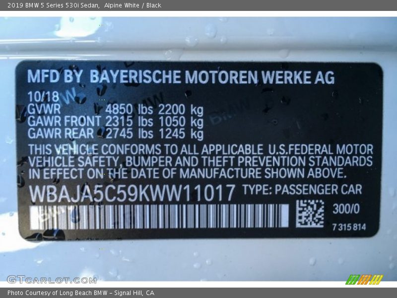 Alpine White / Black 2019 BMW 5 Series 530i Sedan