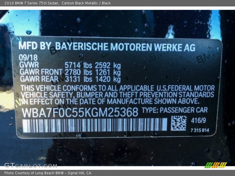 Carbon Black Metallic / Black 2019 BMW 7 Series 750i Sedan