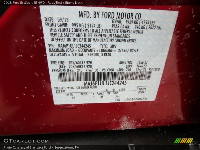 Ruby Red / Ebony Black 2018 Ford EcoSport SE 4WD