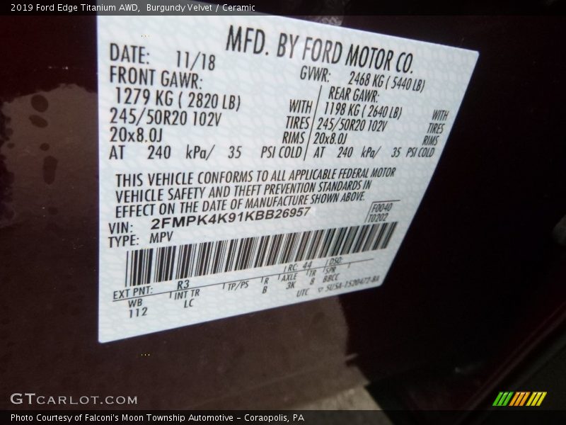 2019 Edge Titanium AWD Burgundy Velvet Color Code R3