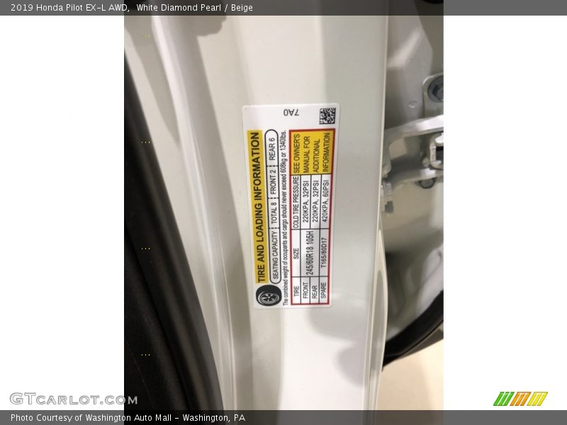 White Diamond Pearl / Beige 2019 Honda Pilot EX-L AWD