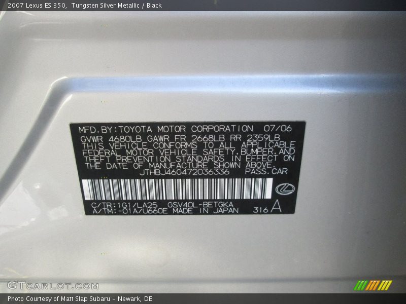 Tungsten Silver Metallic / Black 2007 Lexus ES 350