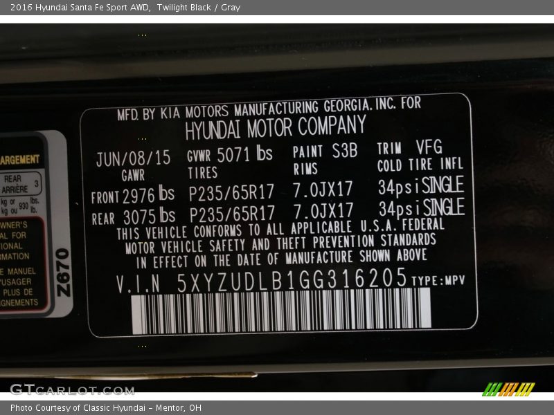 Twilight Black / Gray 2016 Hyundai Santa Fe Sport AWD