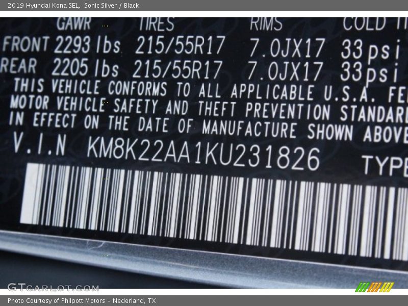 Sonic Silver / Black 2019 Hyundai Kona SEL