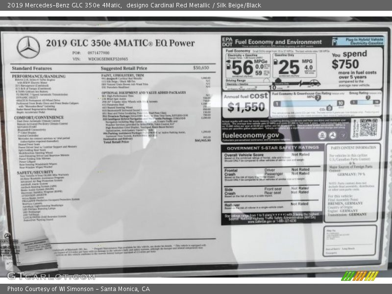  2019 GLC 350e 4Matic Window Sticker