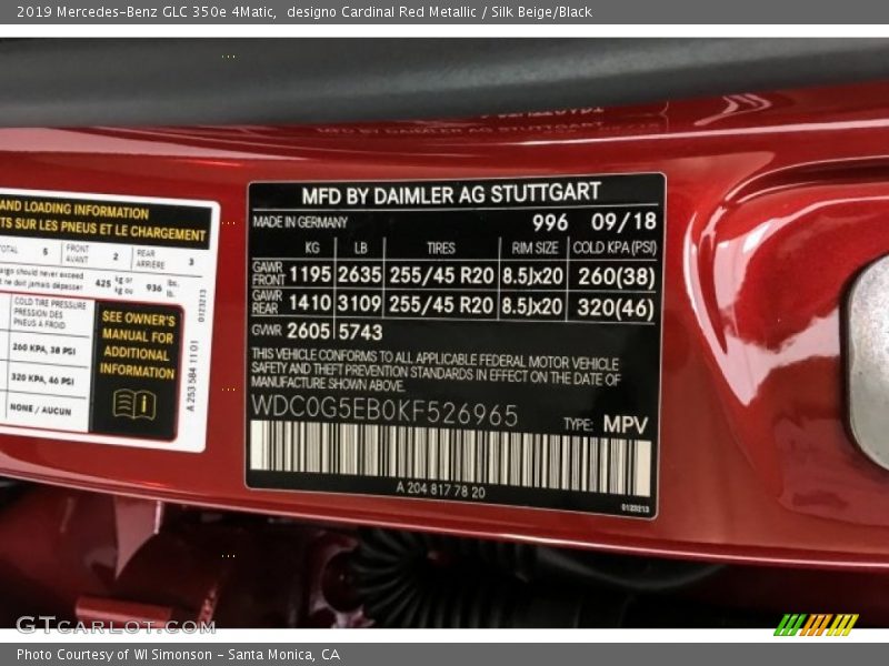 2019 GLC 350e 4Matic designo Cardinal Red Metallic Color Code 996
