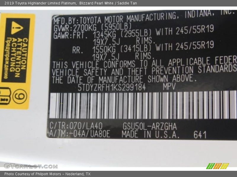Blizzard Pearl White / Saddle Tan 2019 Toyota Highlander Limited Platinum