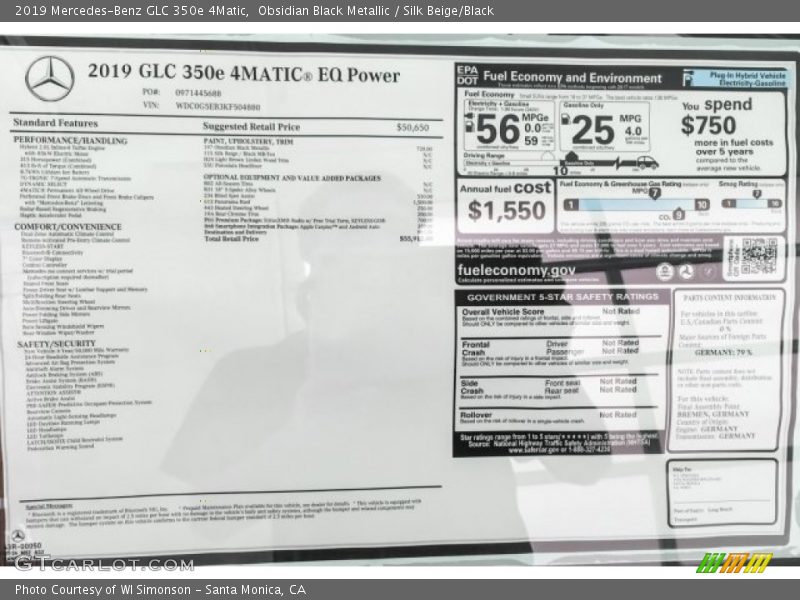  2019 GLC 350e 4Matic Window Sticker