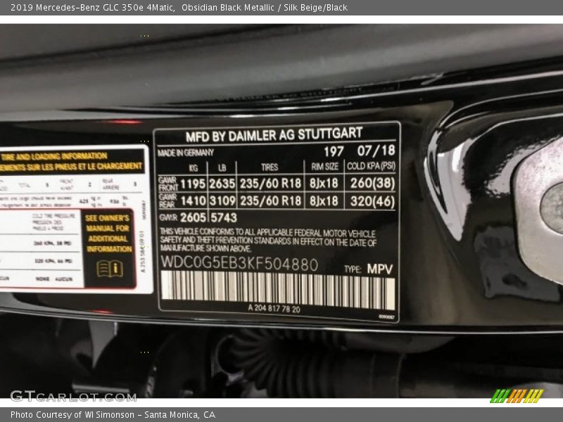 2019 GLC 350e 4Matic Obsidian Black Metallic Color Code 197