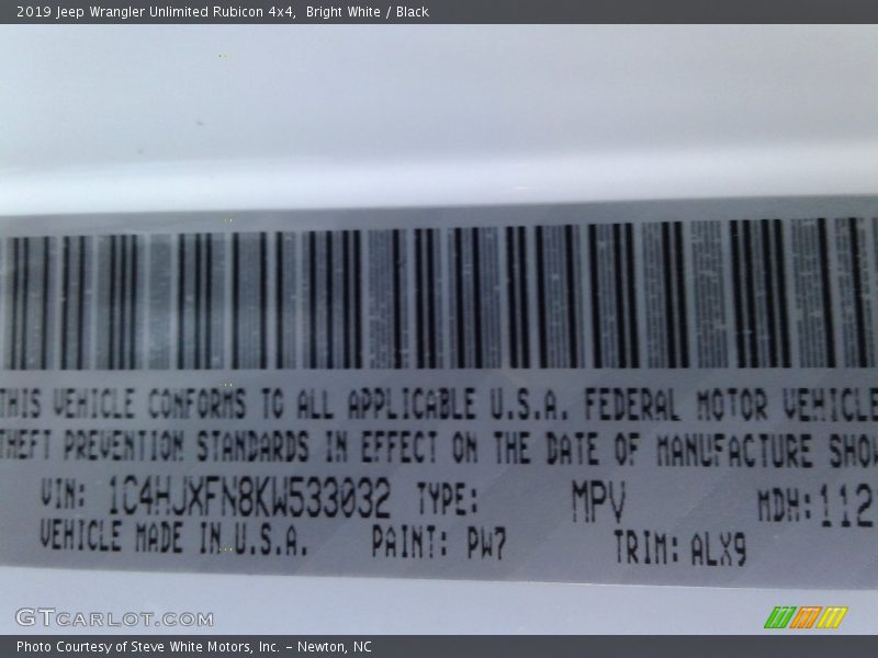 2019 Wrangler Unlimited Rubicon 4x4 Bright White Color Code PW7