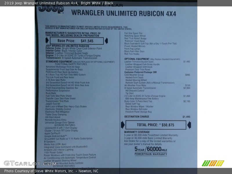 Bright White / Black 2019 Jeep Wrangler Unlimited Rubicon 4x4