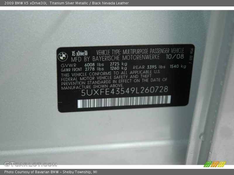 Titanium Silver Metallic / Black Nevada Leather 2009 BMW X5 xDrive30i