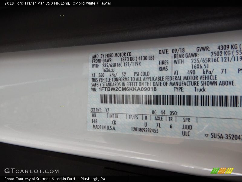 Oxford White / Pewter 2019 Ford Transit Van 350 MR Long