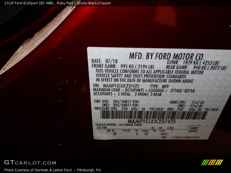 Ruby Red / Ebony Black/Copper 2018 Ford EcoSport SES 4WD