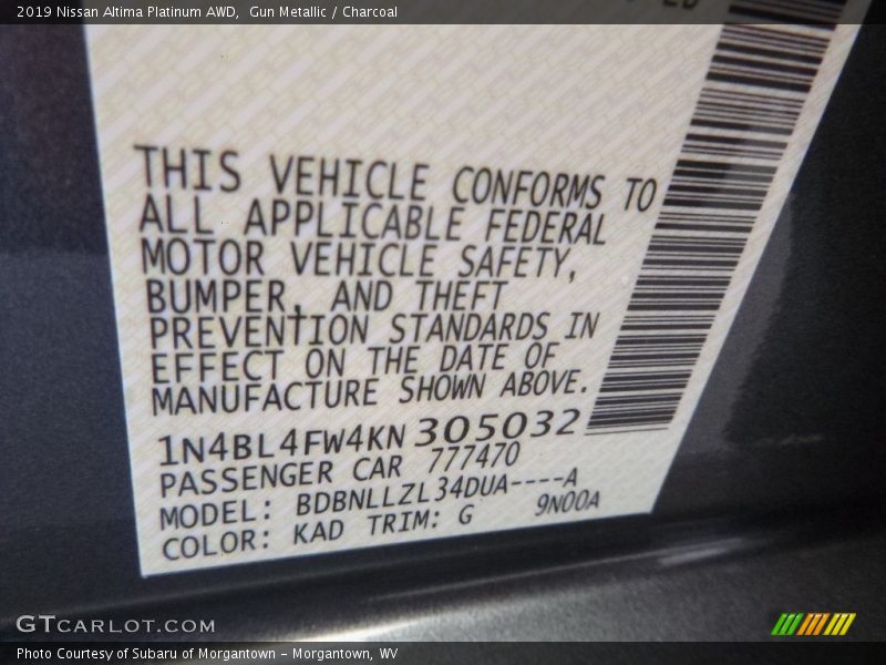2019 Altima Platinum AWD Gun Metallic Color Code KAD