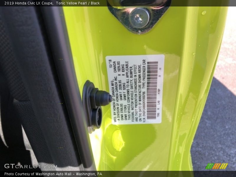 2019 Civic LX Coupe Tonic Yellow Pearl Color Code Y78P