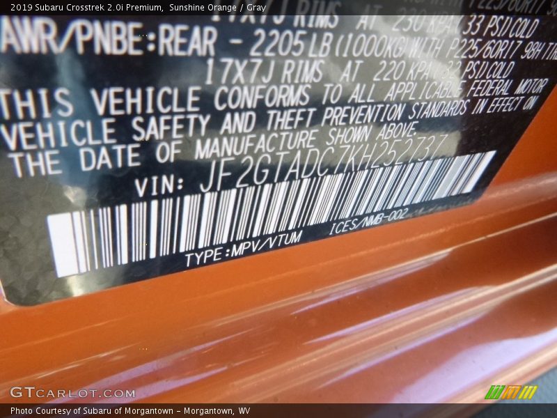 Sunshine Orange / Gray 2019 Subaru Crosstrek 2.0i Premium