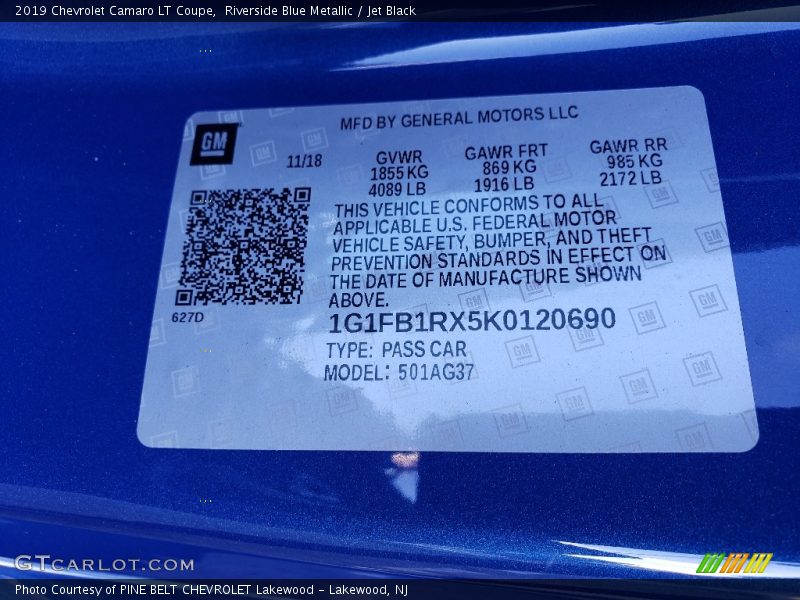 Riverside Blue Metallic / Jet Black 2019 Chevrolet Camaro LT Coupe