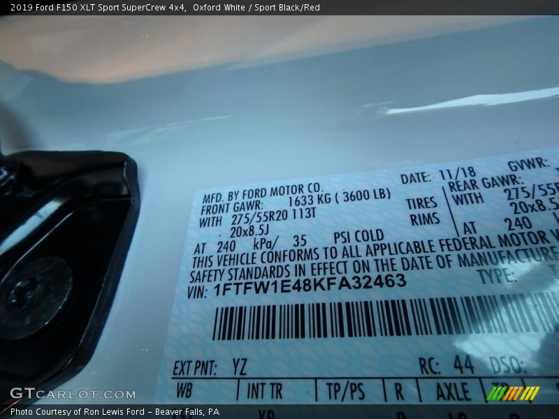 2019 F150 XLT Sport SuperCrew 4x4 Oxford White Color Code YZ