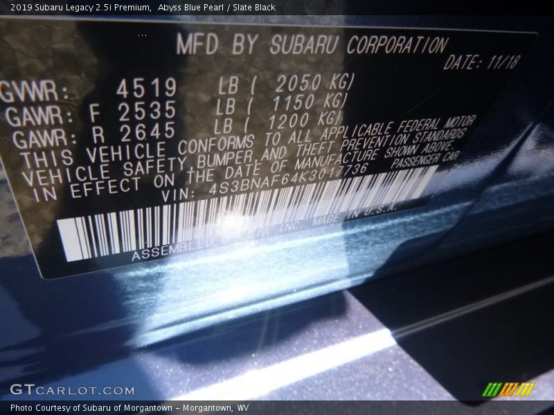 Abyss Blue Pearl / Slate Black 2019 Subaru Legacy 2.5i Premium