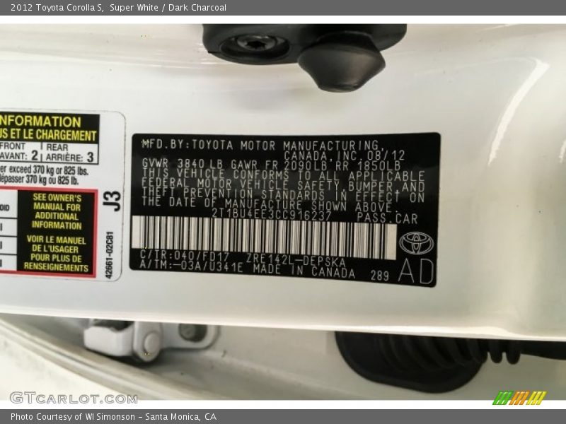 Super White / Dark Charcoal 2012 Toyota Corolla S