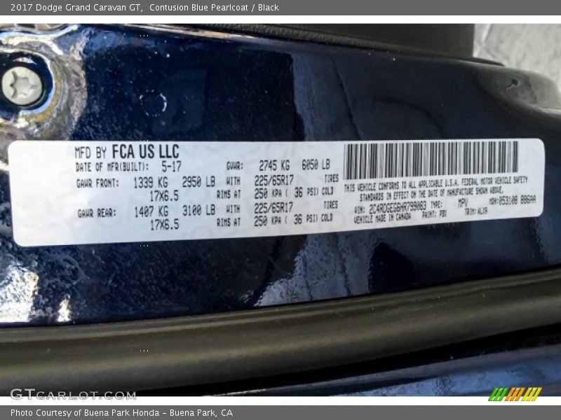 Contusion Blue Pearlcoat / Black 2017 Dodge Grand Caravan GT