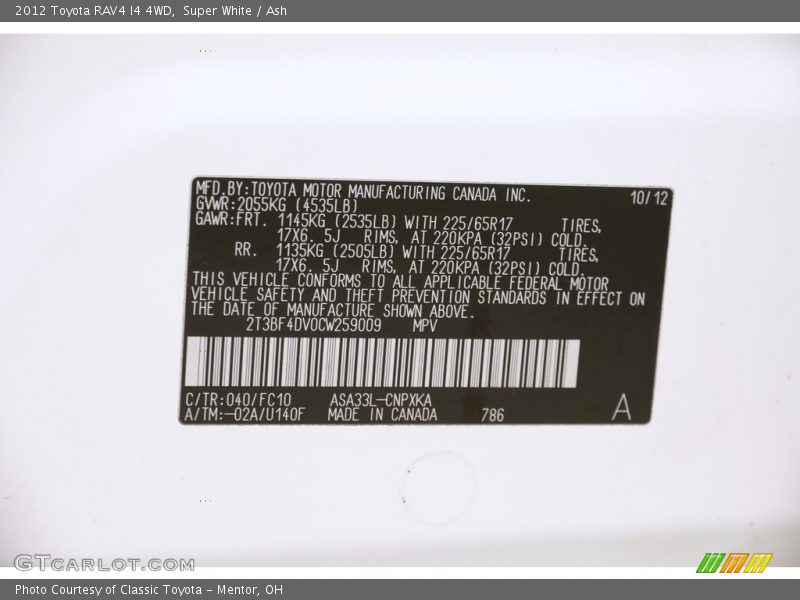 Super White / Ash 2012 Toyota RAV4 I4 4WD