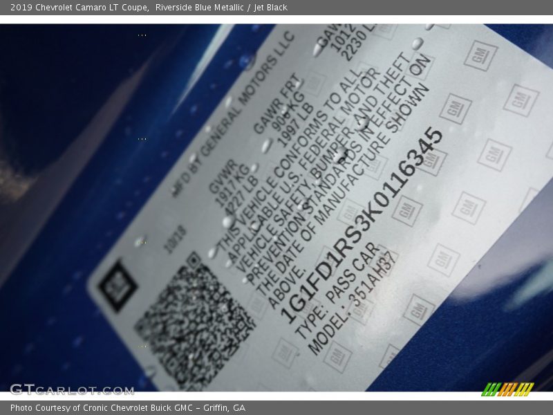 Riverside Blue Metallic / Jet Black 2019 Chevrolet Camaro LT Coupe