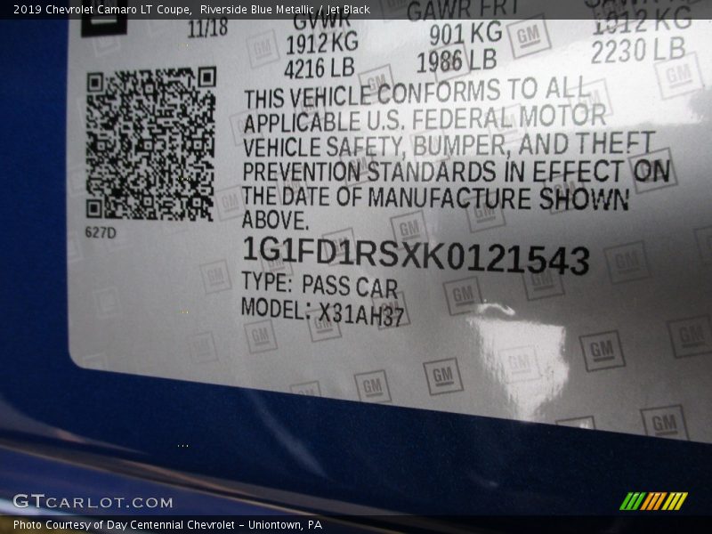 Riverside Blue Metallic / Jet Black 2019 Chevrolet Camaro LT Coupe