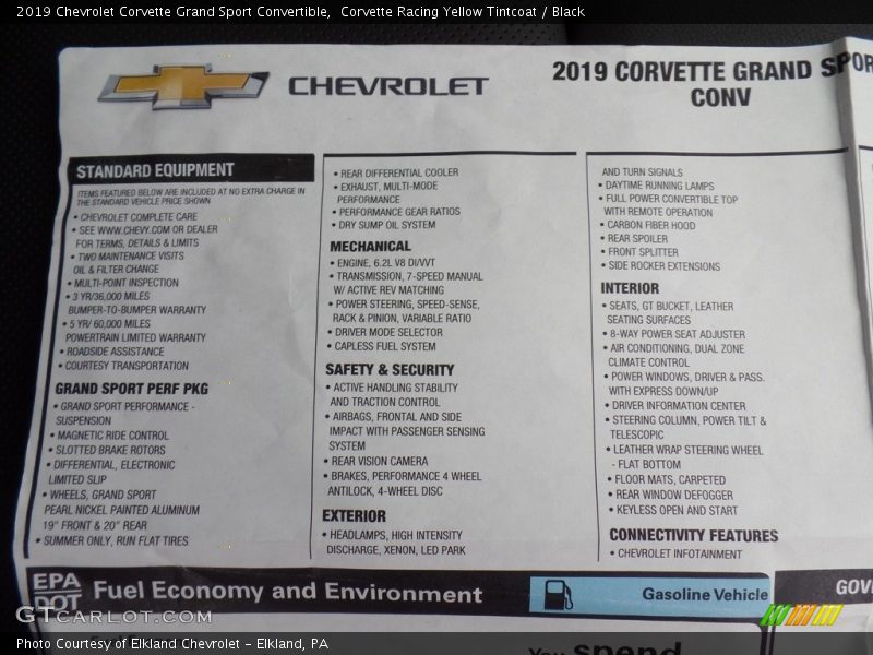  2019 Corvette Grand Sport Convertible Window Sticker