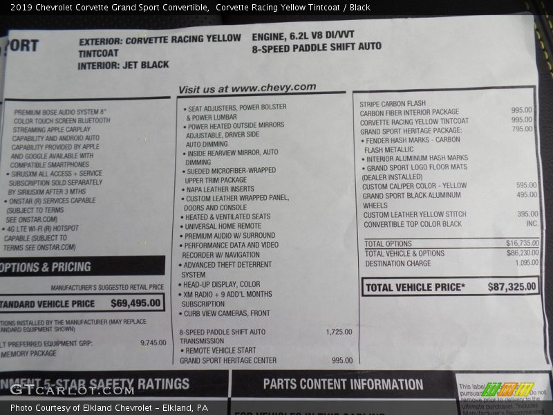  2019 Corvette Grand Sport Convertible Window Sticker