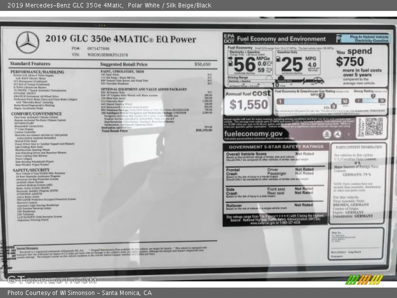  2019 GLC 350e 4Matic Window Sticker