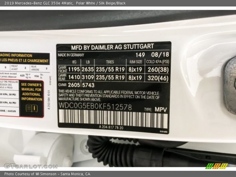 2019 GLC 350e 4Matic Polar White Color Code 149