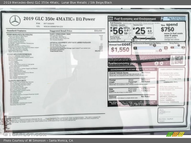  2019 GLC 350e 4Matic Window Sticker