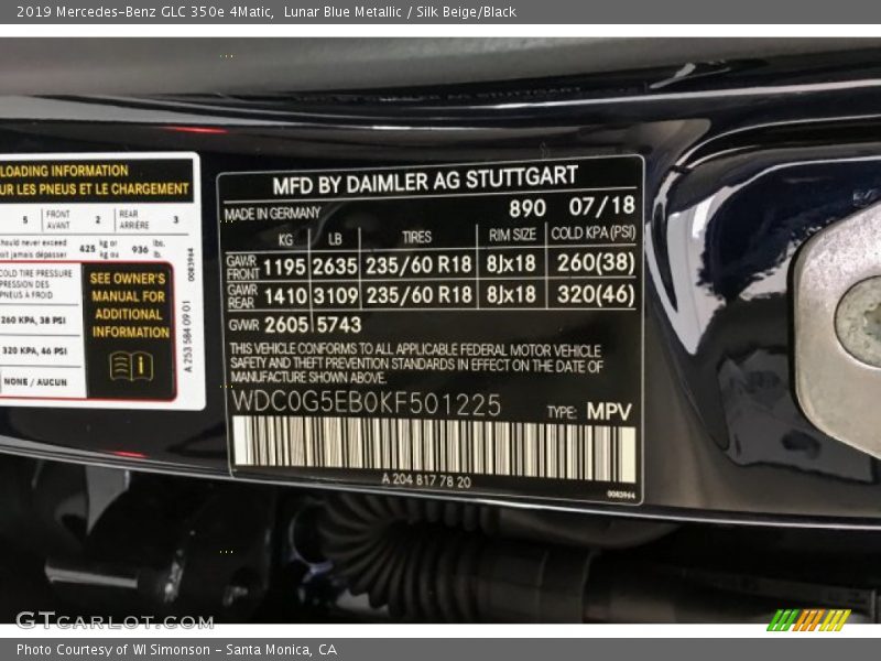 2019 GLC 350e 4Matic Lunar Blue Metallic Color Code 890