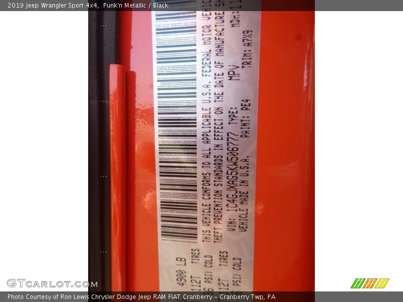 2019 Wrangler Sport 4x4 Punk'n Metallic Color Code PE4
