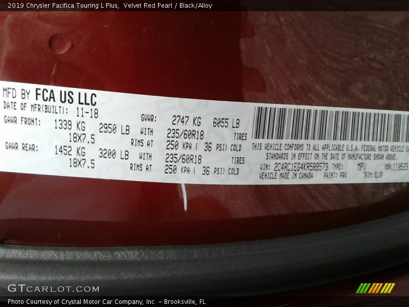 Velvet Red Pearl / Black/Alloy 2019 Chrysler Pacifica Touring L Plus