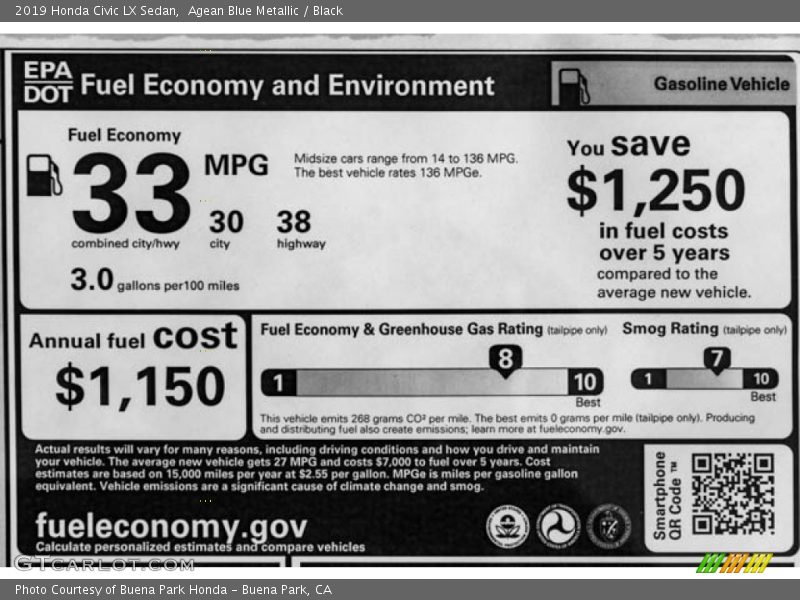 Agean Blue Metallic / Black 2019 Honda Civic LX Sedan