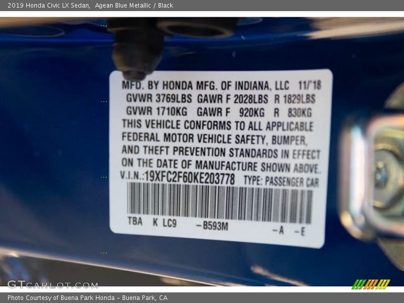 Agean Blue Metallic / Black 2019 Honda Civic LX Sedan