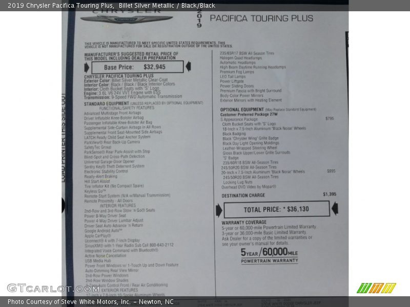 Billet Silver Metallic / Black/Black 2019 Chrysler Pacifica Touring Plus
