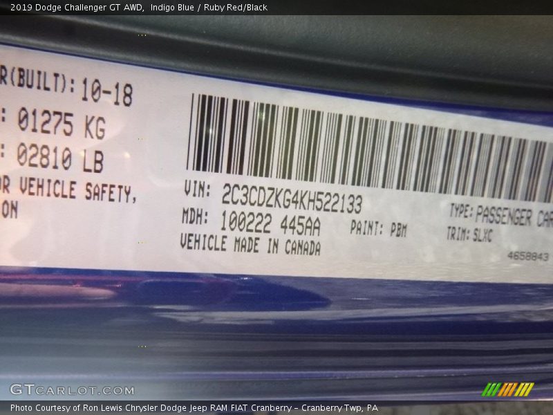 2019 Challenger GT AWD Indigo Blue Color Code PBM