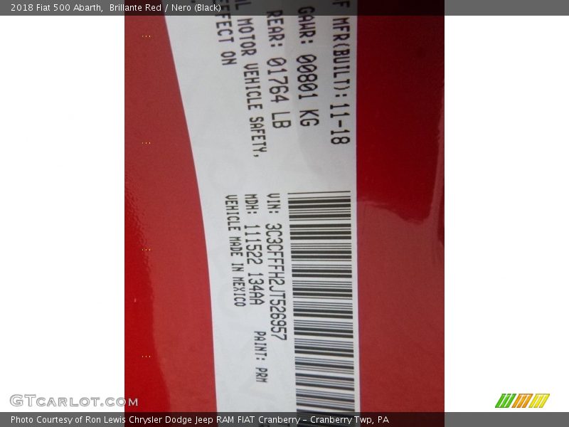 2018 500 Abarth Brillante Red Color Code PRM