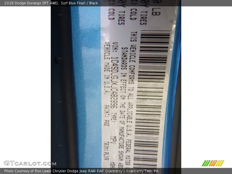 2018 Durango SRT AWD Surf Blue Pearl Color Code PQD