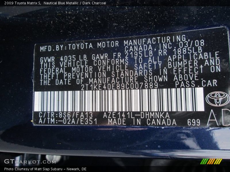 Nautical Blue Metallic / Dark Charcoal 2009 Toyota Matrix S