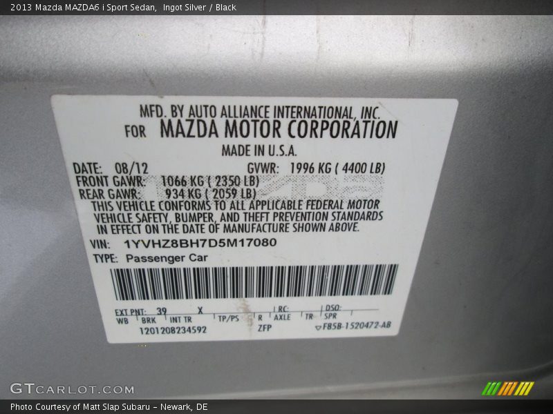 Ingot Silver / Black 2013 Mazda MAZDA6 i Sport Sedan