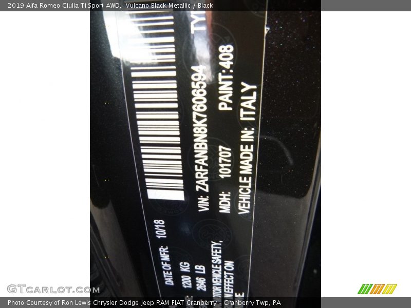 2019 Giulia Ti Sport AWD Vulcano Black Metallic Color Code 408