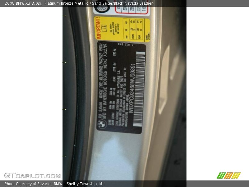 Platinum Bronze Metallic / Sand Beige/Black Nevada Leather 2008 BMW X3 3.0si