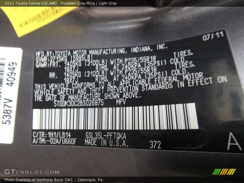 Predawn Gray Mica / Light Gray 2011 Toyota Sienna XLE AWD