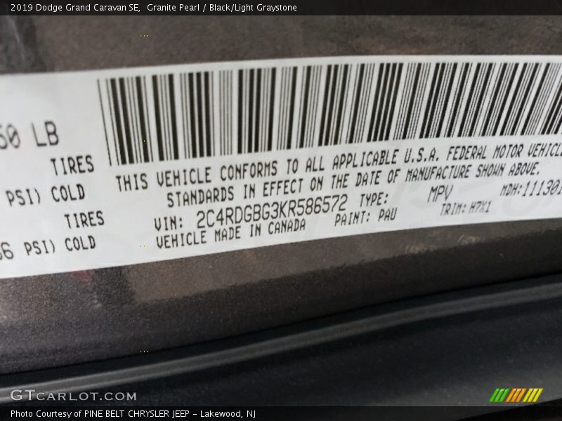 2019 Grand Caravan SE Granite Pearl Color Code PAU